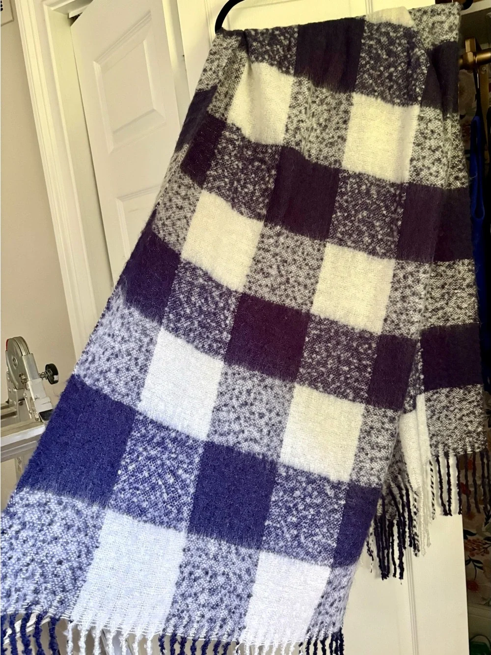 Blue and White Plaid Fringe Scarf Wrap